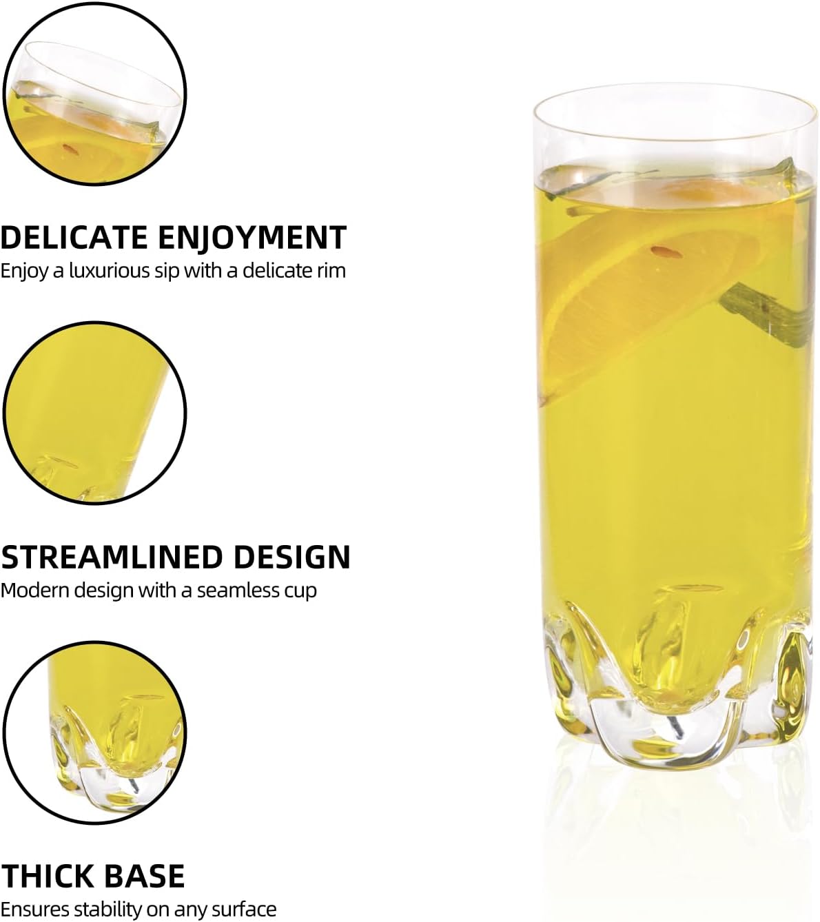 KAMMAK Drinking Glasses Set of 2, 11oz Crystal Water Glasses, Tall Glass Cups, Highball Glass for Cocktail, Juice, Mojito, Iced Tea, Kitchen and Bar Glassware Gifts, Collins Glasses