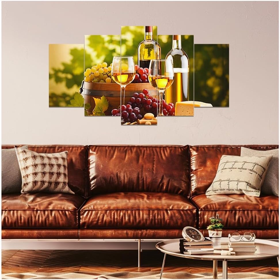 DOARTDO 5 Pieces Kitchen Wall Art Wine and Fruit Grape Pictures Food Canvas Prints Red Wine Cups Painting Large Kitchen Dining Room Bar Cellar Decor Framed (Yellow, (8x14inx2 8x18inx2 8x22inx1))