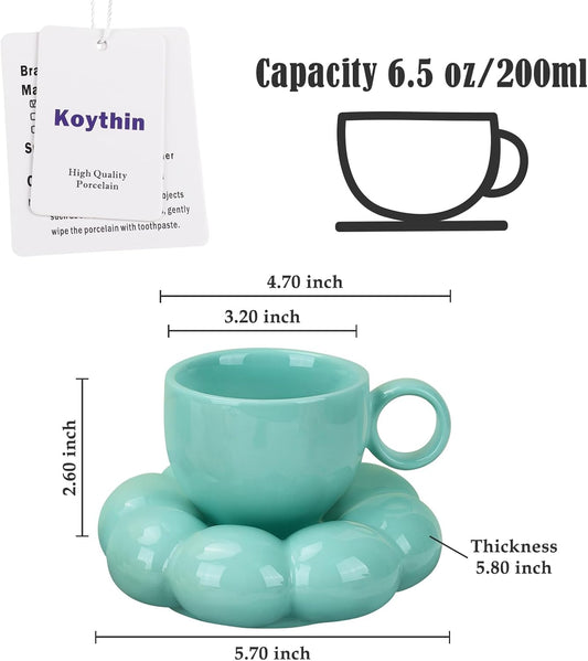Koythin Ceramic Coffee Mug with Saucer Set, Creative Cute Cup with Sunflower Coaster for Office and Home, Dishwasher and Microwave Safe, 6.5 oz/200 ml for Tea Latte Milk (Blue-green)