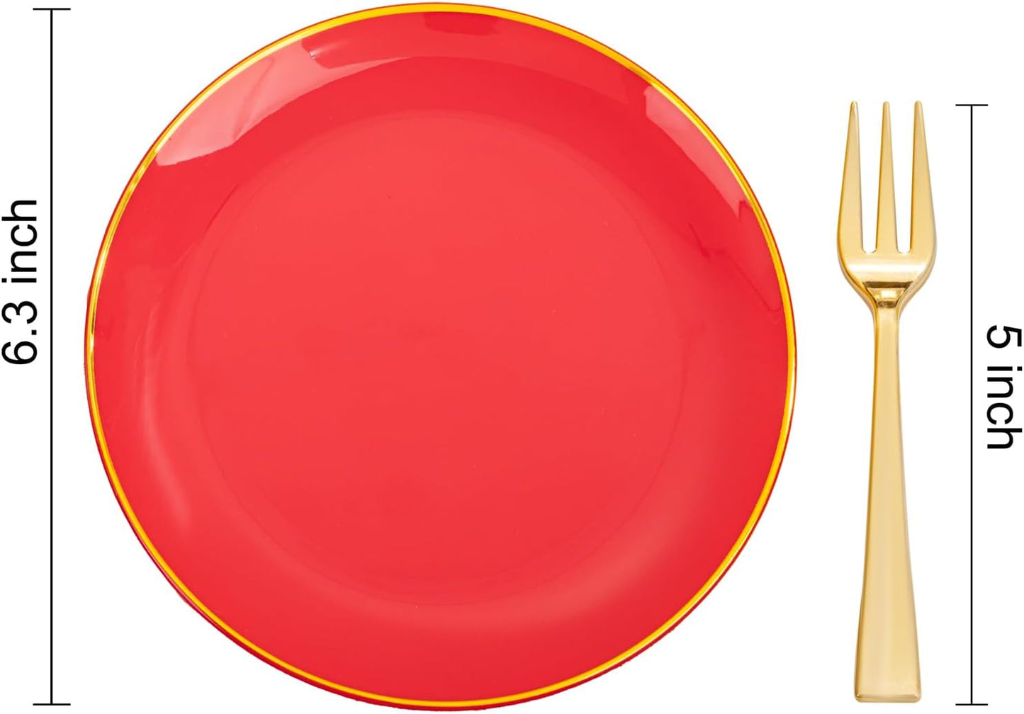 Festiva 200Pcs Red Gold Dessert Plates 6.3" with Plastic Forks 5"-Small Disposable Plates- Dessert/Cake/Appetizer Plastic Plates include 100Plates 100Forks for Christmas Party&New Year