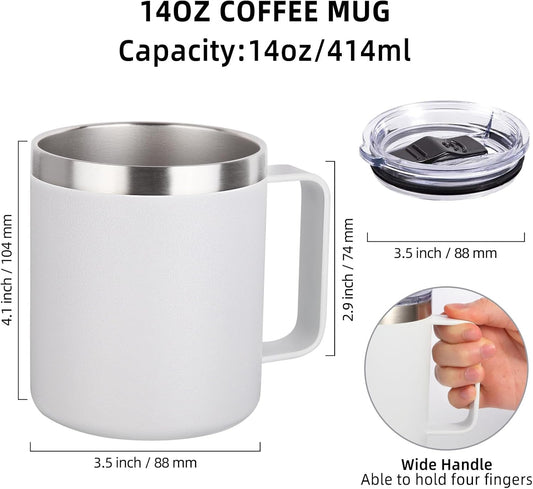 Volhoply 14oz Insulated Stainless Steel Coffee Mug with Leakproof Lid,Double Wall Vacuum Travel Coffee Cup with Handle,Reusable Metal Cups Tumbler,Camping Mugs Keep Hot/Cold,Ideal Gifts(White,1)