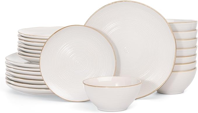 famiware Tempus Plates and Bowls Sets for 8, 24 Pieces Stoneware Dinnerware Sets, Dishes Set, Reactive Glaze Dishware Sets, Dishwasher & Microwave Safe - Antique White