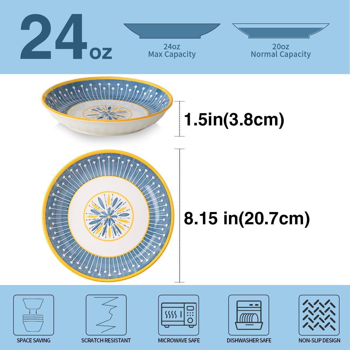 Yeacccng Pasta Bowls Set of 4, 24 Oz Ceramic Salad Bowls, 8 Inch Colorful Serving Bowls for Pasta,Salad,Oatmeal,Fruit, Easy to Clean, Dishwasher & Microwave Safe,Scratch-Resistant, Lead-Free