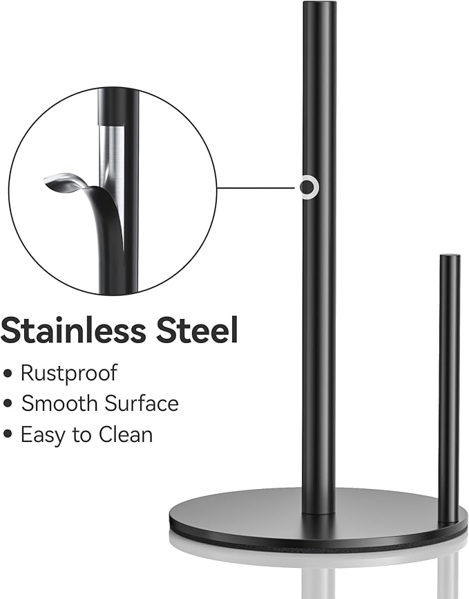 Paper Towel Holder Countertop, Stainless Steel, Black, for Kitchen, Pantry, RV