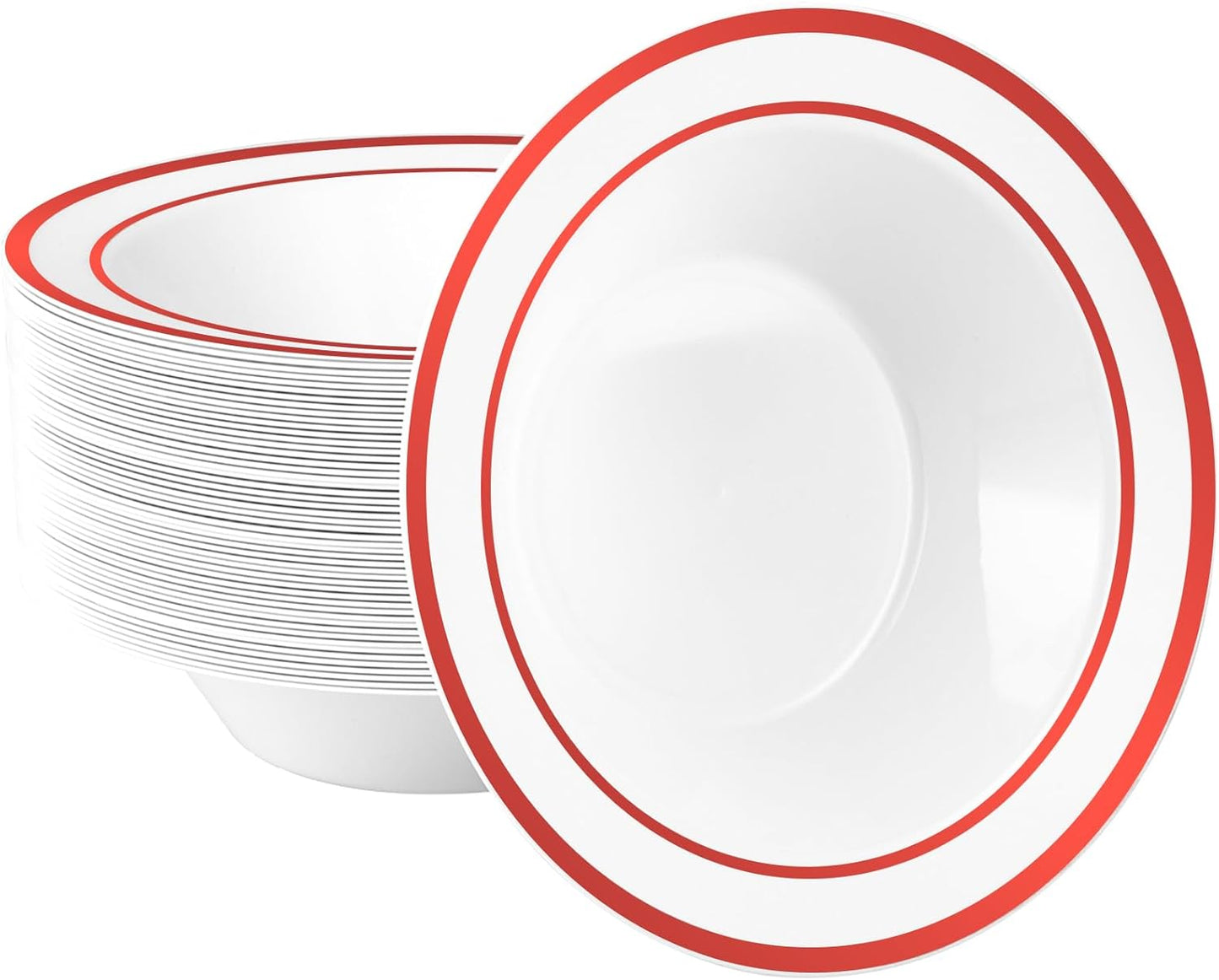 Goodluck 50 Pack Plastic Bowls with Red Rim, 12oz Disposable Soup Bowls, Heavy Duty Dessert Bowls for Weddings, Parties, Christmas Dinners, Catering, Thanksgiving and Everyday Use