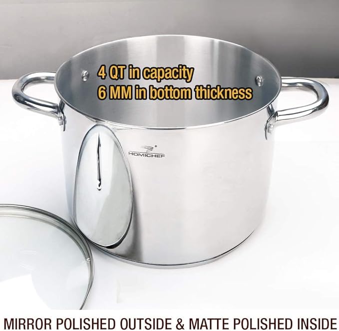 HOMICHEF Small Stock Pot 4 Quart Nickel Free Stainless Steel - Small 4Qt Stockpot With Glass Lid - Soup Pot Cooking Pot 4 Quart