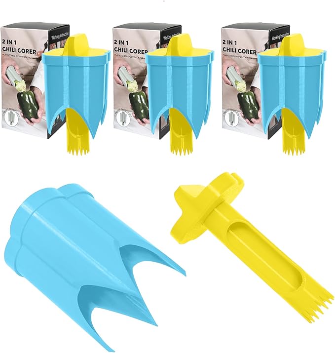 Pepper Corer, 2 in 1 Red Bell Pepper Seed Corer Remover Tool, Fruit & Vegetable Corers Quick Cave Tools for Jalapeno Cutter Deseeder, Yellow Blue, 3 PCS