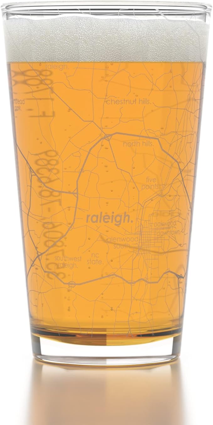 Well Told Engraved Raleigh North Carolina Map Pint Glass, Etched Beer Gift (16 oz, Clear) City Map Pint, Custom City Glassware, Gifts For Beer Lovers