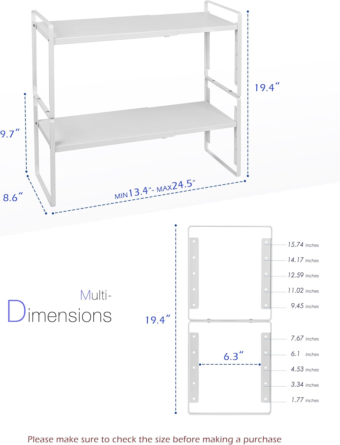 Nxconsu 2Pack Cabinet Shelf Organizer Expandable 5 Heights Adjustable Stackable Rack Riser for Kitchen Pantry Cupboard Under Sink Organization Storage Space Saver Heavy Duty Metal White