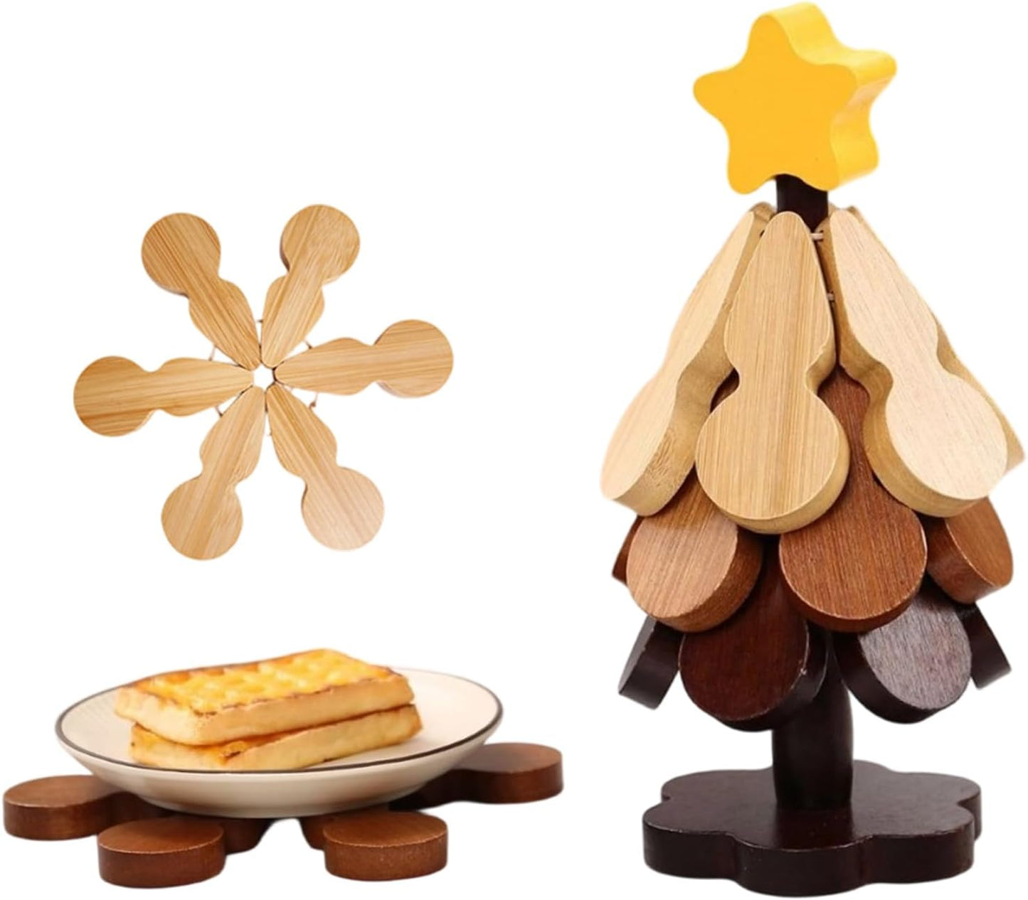 Natural Wood Tree Trivet Set, 2026 New Natural Tree Trivet Set 3 Trivets + 1 Stand for Hot Dishes, Foldable Kitchen Wooden for Hot Dishes, Pot, Bowl, Teapot, Hot Pot Holders (A)