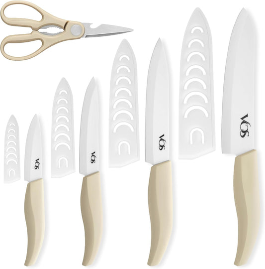 Vos Ceramic Knife Set in Elegant Gift Box, Ceramic Knives Set For Kitchen, Ultra Sharp Kitchen Knife Set & Covers, 3" 4" 5" 6" Paring, Santoku, utlity & Chef Knife, Scissors included (Off-White)