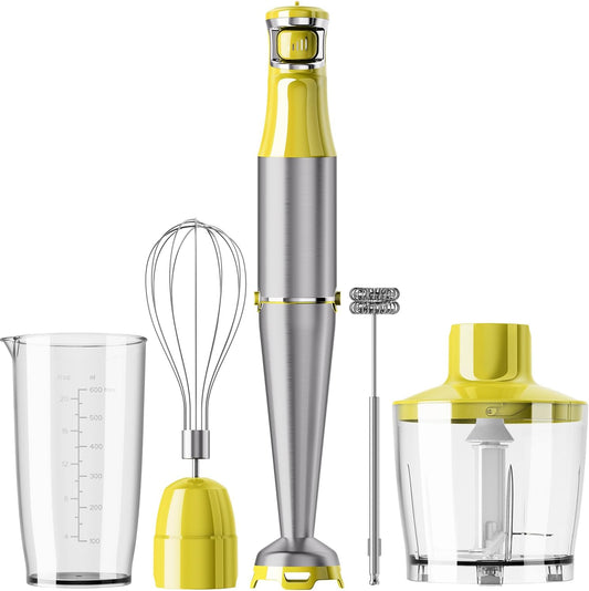Immersion Blender Handheld Corded Hand Blenders Set 1100W, Trigger Variable Speed 5 in 1 Stick Emulsifier with Chopper, Whisk and Frother for Soup, Baby Food and Smoothies, Yellow