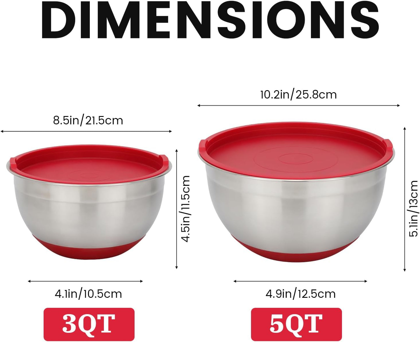 MARSKITOP Stainless Steel Mixing Bowls with Lids Set, Nesting Mixing Bowls with Airtight Lids, Measurement Marks and Red Non-Slip Bottoms, Great for Mixing and Serving, 3QT & 5QT