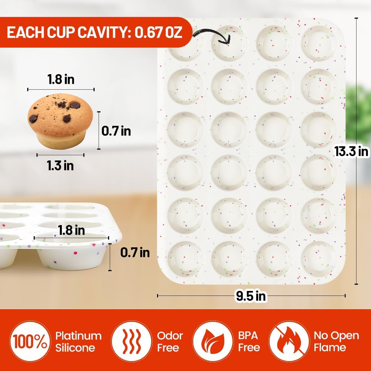 CAKETIME Silicone Mini Muffin Pan, 24 Cups Nonstick Mini Cupcake Pan for Baking Muffin, Cupcake, Egg Bites, Fat Bomb, 1 Pack Confetti