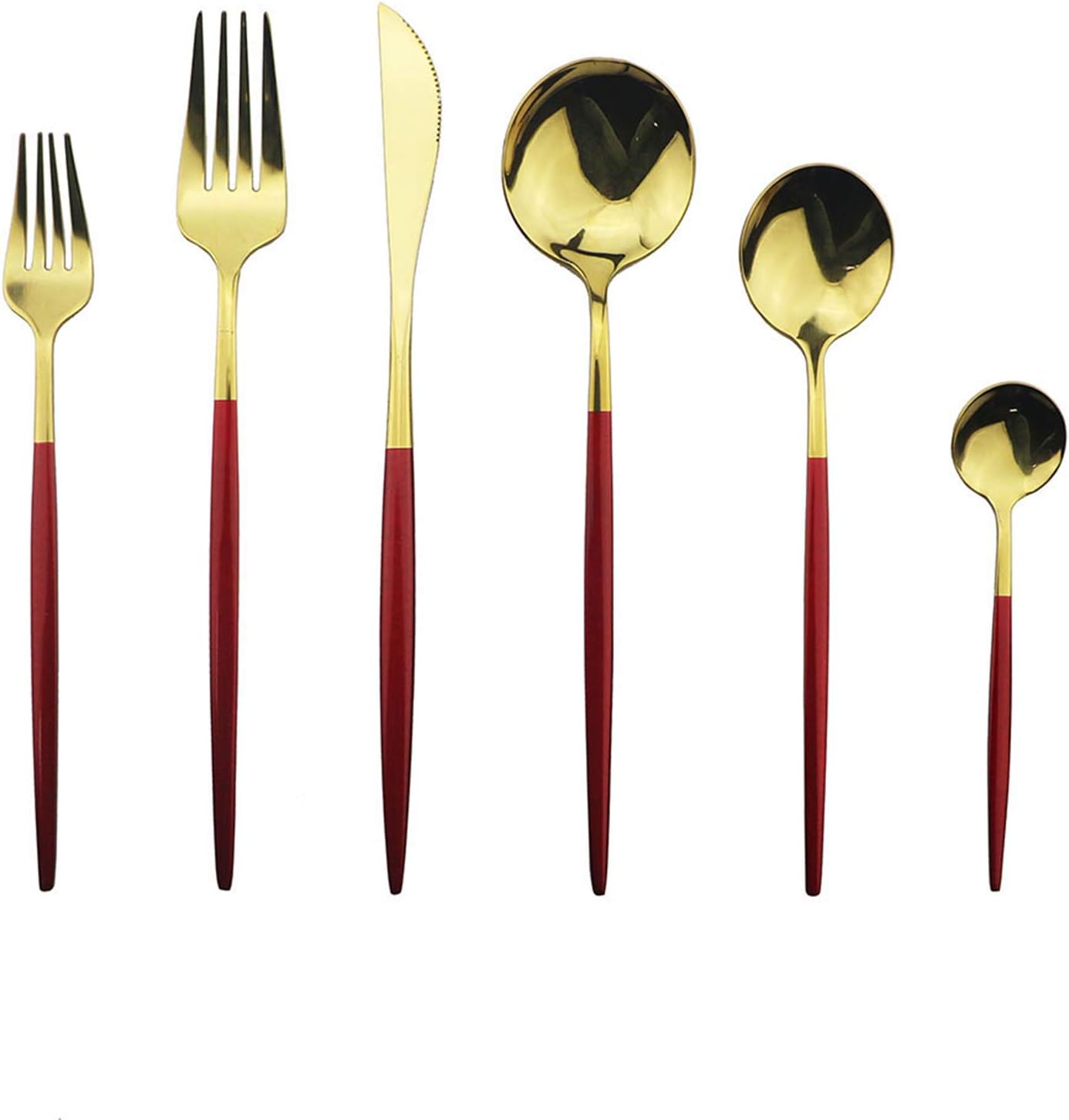 JASHII 18/10 Silver Silverware Set Stainless Steel Flatware Utensils Set Gold Cutlery Set| 24-Piece Modern Cubiertos Dorados| BEST Birthday Wedding Gift (4 sets, Red Handle Gold Mirror Polish)