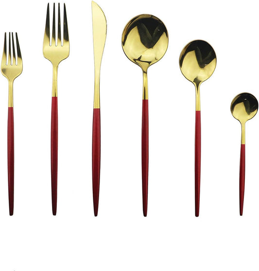 JASHII 18/10 Silver Silverware Set Stainless Steel Flatware Utensils Set Gold Cutlery Set| 24-Piece Modern Cubiertos Dorados| BEST Birthday Wedding Gift (4 sets, Red Handle Gold Mirror Polish)