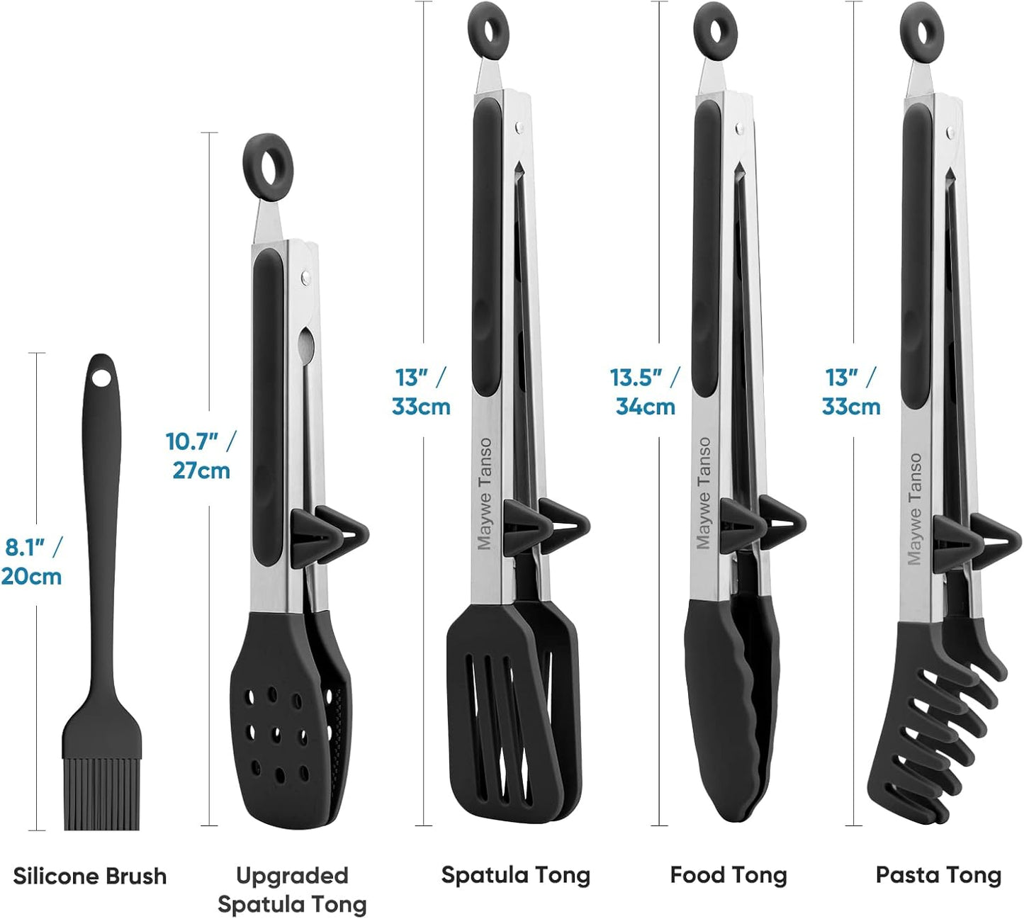 5-Pack Silicone Tongs for Cooking,Maywe Tanso 4PCS 13-Inch Kitchen Tongs with Silicone Tips,Nonstick Stainless Steel Tong for Steak Pie Pizza Pasta Spaghetti Salad BBQ Buffet,Plus Brush
