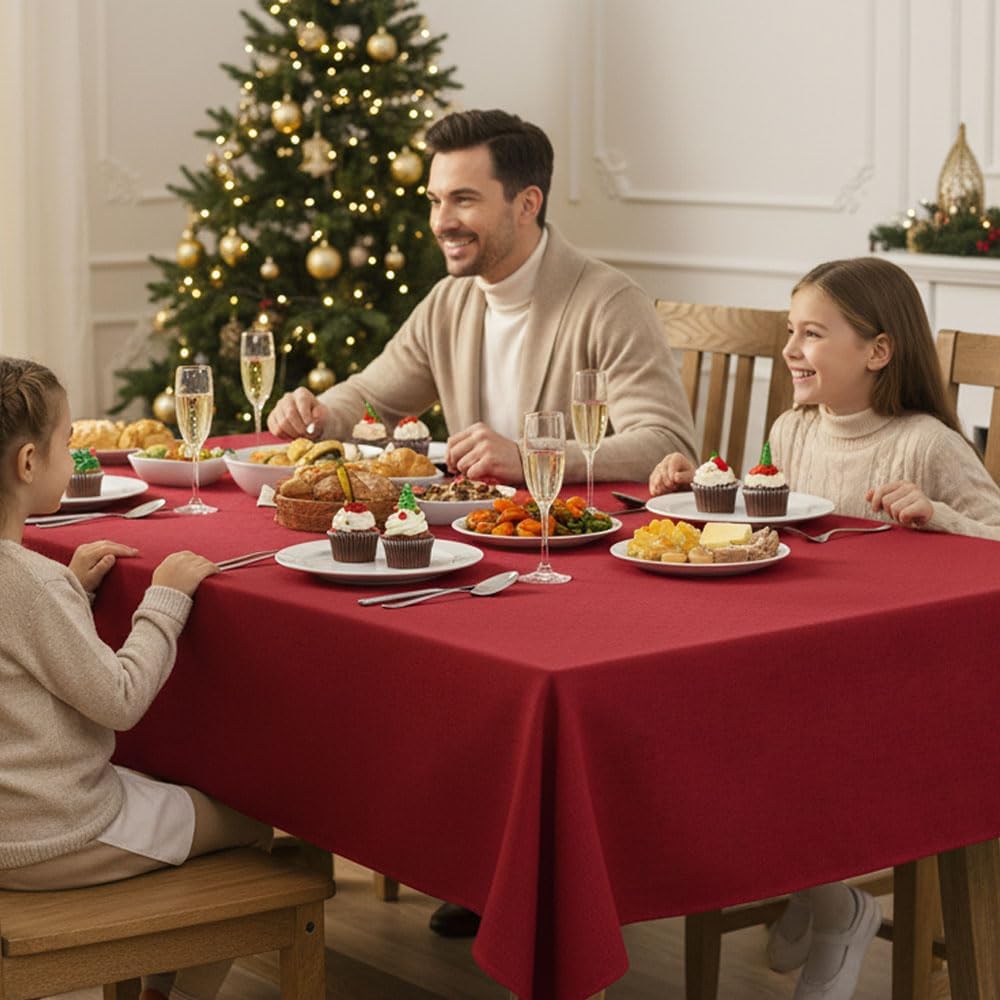 Fitable 2 Pack Faux Linen Christmas Tablecloths, Burlap Textured Fabric Table Clothes Rectangle, Rustic Decorative Table Covers for Winter Holiday Dinner Party Farmhouse (Red, 60 x 84 Inch)