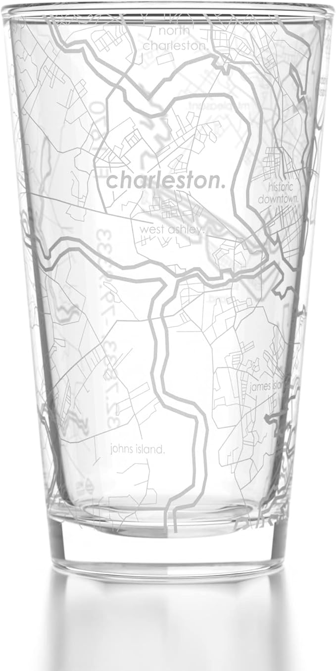 Well Told Engraved Charleston South Carolina Map Pint Glass, Etched Beer Gift (16 oz, Clear) City Map Pint, Custom City Glassware, Gifts For Beer Lovers