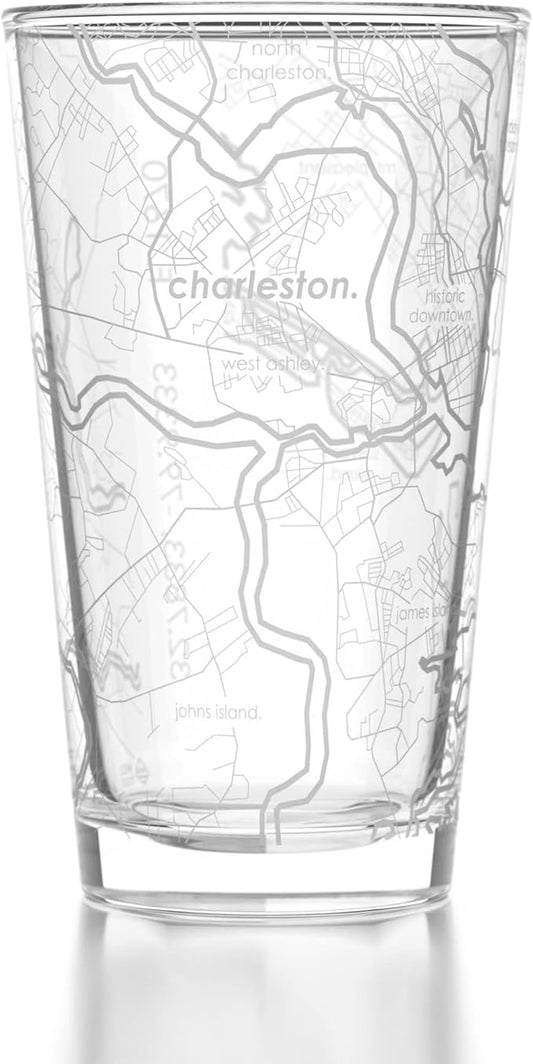 Well Told Engraved Charleston South Carolina Map Pint Glass, Etched Beer Gift (16 oz, Clear) City Map Pint, Custom City Glassware, Gifts For Beer Lovers