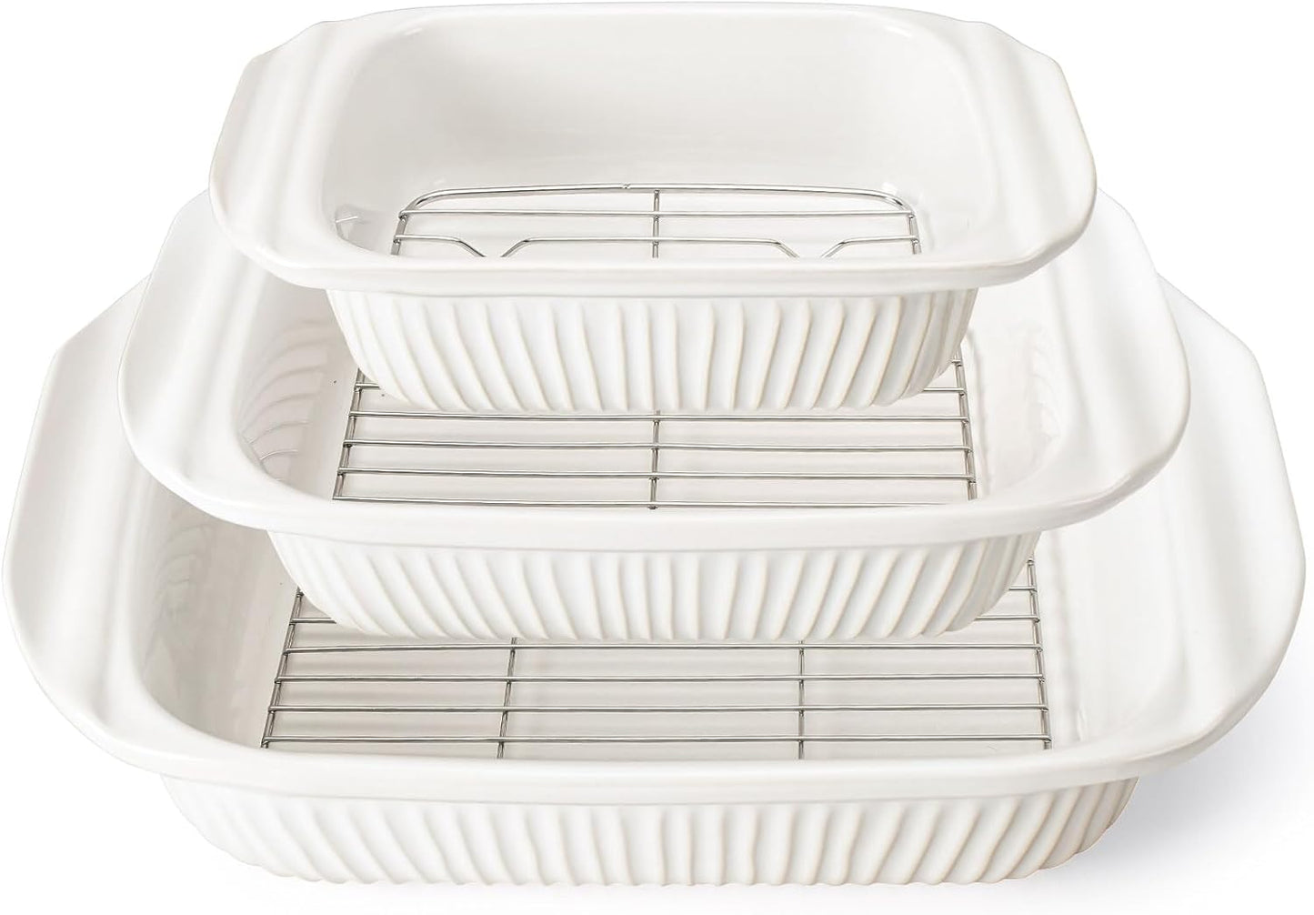 Artena Casserole Dishes For Oven, Ceramic Baking Dish, Large Lasagna Pan With Handles, Baking Pan Casserole Dish, Rectangular Bakeware Deep, White, Set Of 3 (5.1Qt/2.3Qt/1.1Qt) (Baking Dish With Rack)