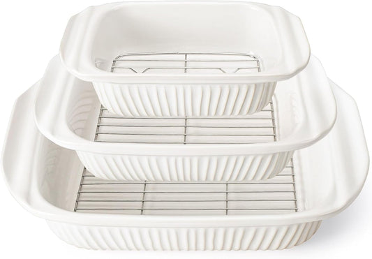 Artena Casserole Dishes For Oven, Ceramic Baking Dish, Large Lasagna Pan With Handles, Baking Pan Casserole Dish, Rectangular Bakeware Deep, White, Set Of 3 (5.1Qt/2.3Qt/1.1Qt) (Baking Dish With Rack)