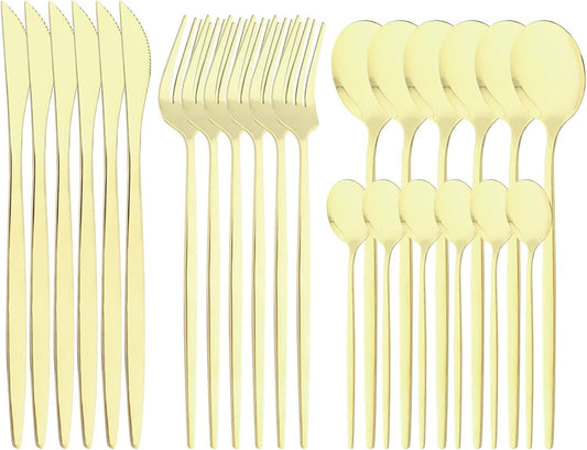24-Piece Mirror Champagne Gold Flatware, 18/0 Stainless Steel Dinnerware Set Include Knife Fork Spoon Teaspoon Cutlery Set For Home Restaurant Party Service For 6, Dishwasher Safe
