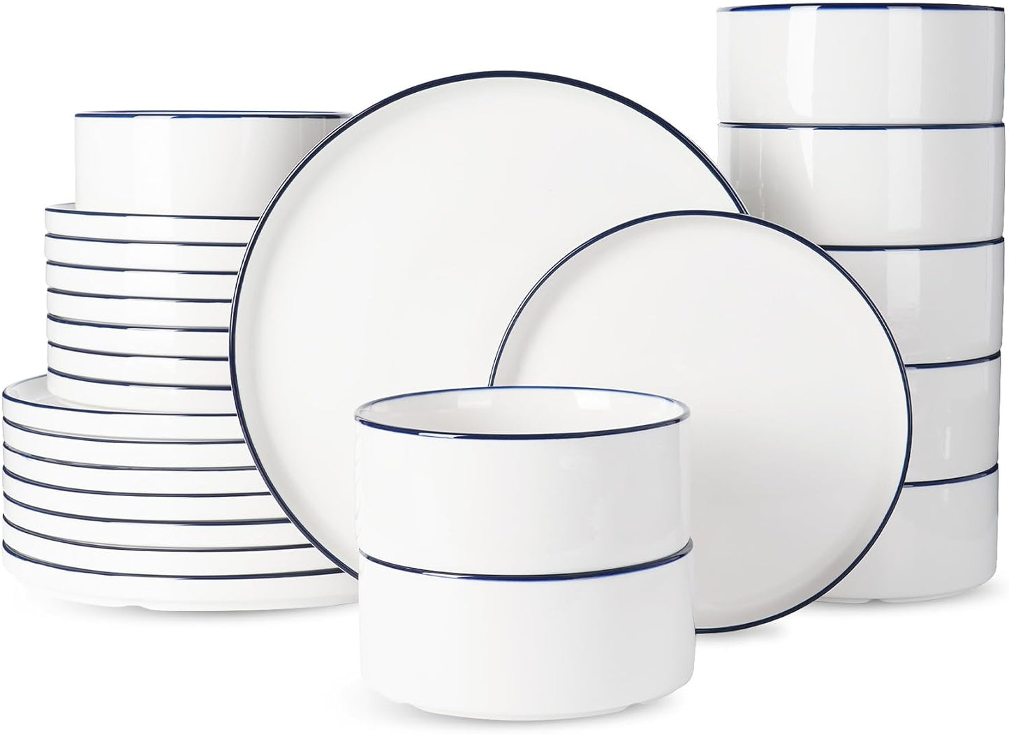 Famiware Porcelain Dinnerware Set, 24-Piece Modern Plate and Bowl Set, dish set for 8, Microwave and Dishwasher Safe Tableware, White with Blue Trim