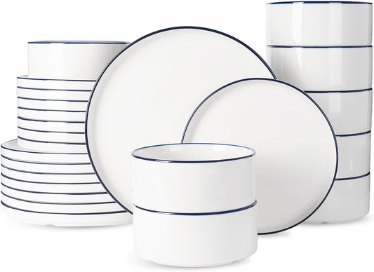 Famiware Porcelain Dinnerware Set, 24-Piece Modern Plate and Bowl Set, dish set for 8, Microwave and Dishwasher Safe Tableware, White with Blue Trim