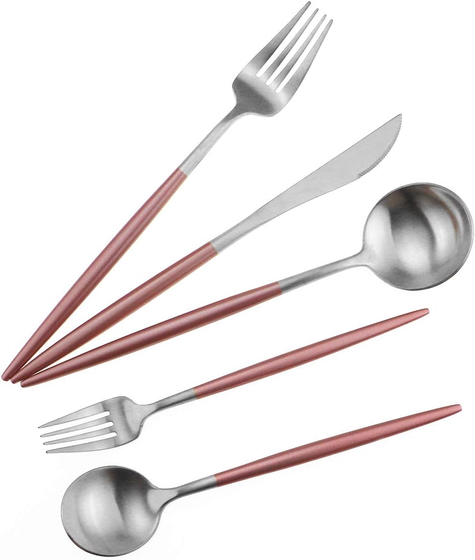 Gugrida Luxury Flatware, Royal 20 Piece Matte Pink Handle 18/10 Stainless Steel Tableware Sets for 4 Including Forks Spoons Knives, Camping Silverware Travel Utensils Set Cutlery (Pink Silver)