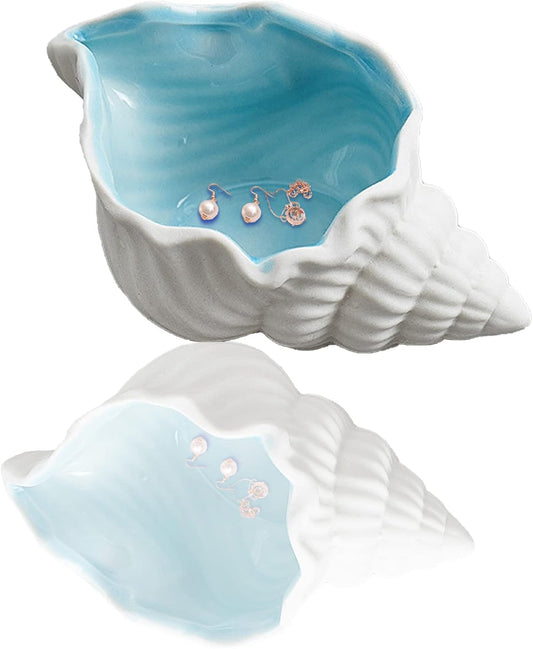 Ceramic Conch Jewelry Dish Tray Shell Trinket Dish Ring Holder Ocean Coastal Decor Jewelry Tray Decorative Tray Key Bowl for Jewelry Birthday Party Easter Gift Hom Room Beachy Decor (E STYLE)