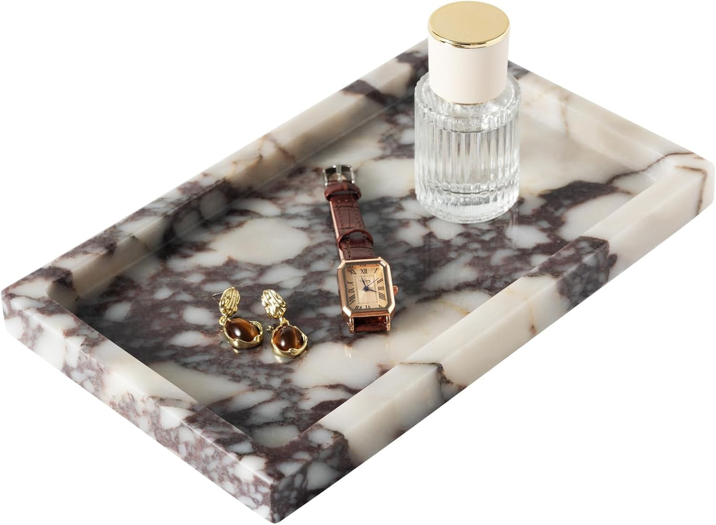 Natural Calacatta Viola Marble Tray 10"x6" Rectangular - Non-Resin Bathroom Vanity Organizer & Office Desk Tray | Waterproof Stone Serving Platter for Jewelry/Perfume (Purple Portoro)