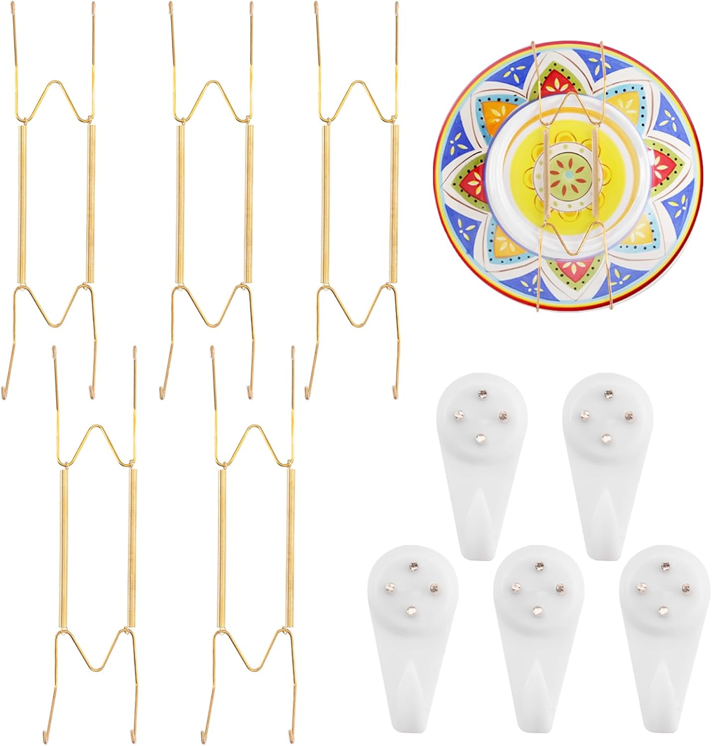 5 Pack Plate Hangers for The Wall Suitable for 10-14 inch Small Decorative Plate, Invisible Stainless Steel Plate Hangers for Display with Wall Hooks, for Plates/Platter/Dish/Picture(Gold)