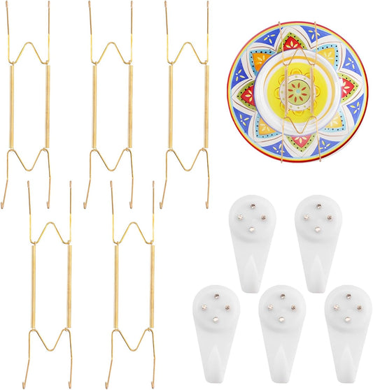 5 Pack Plate Hangers for The Wall Suitable for 10-14 inch Small Decorative Plate, Invisible Stainless Steel Plate Hangers for Display with Wall Hooks, for Plates/Platter/Dish/Picture(Gold)