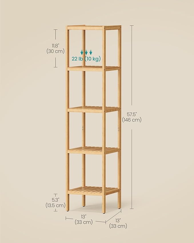 SONGMICS Bamboo Storage Shelf, 5-Tier Shelving Unit, Multifunctional, in the Entryway, Bathroom, Living Room, Balcony, Kitchen, 13 x 13 x 57.5 Inches, Light Bamboo UBCB55Y