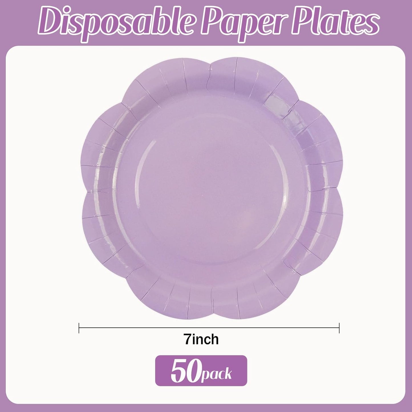 50 Pack Light Purple Paper Plates 7 Inch, Disposable Scalloped Plates Cake Dessert Plate for Dinner Baby Shower Wedding Bridal Shower Birthday Party Supplies (Light Purple, 7 inch)