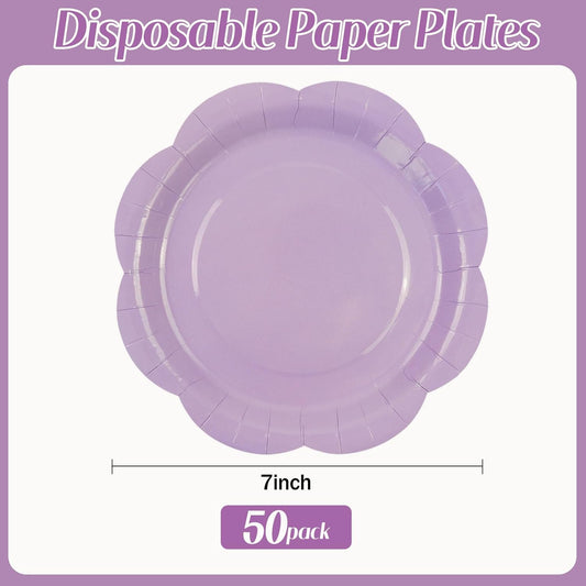 50 Pack Light Purple Paper Plates 7 Inch, Disposable Scalloped Plates Cake Dessert Plate for Dinner Baby Shower Wedding Bridal Shower Birthday Party Supplies (Light Purple, 7 inch)