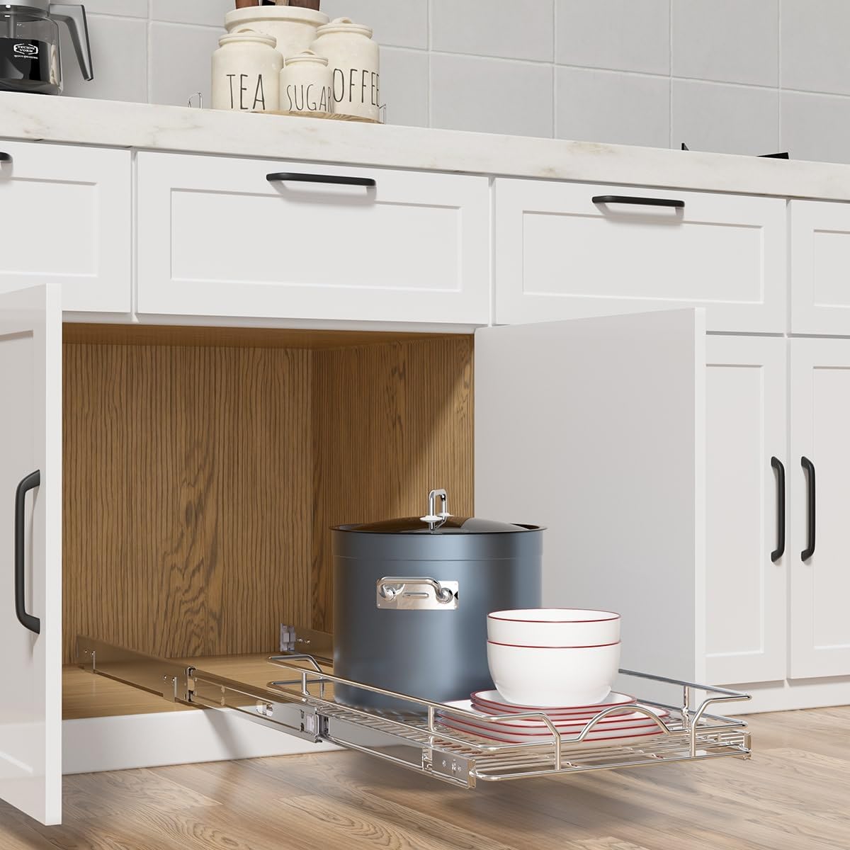 OCG Pull Out Cabinet Organizer 2 Pack (21" W x 21" D), Pull out Shelves 1 Tier, Cabinet Slide Out Shelves for Base Cabinet Organization in Kitchen Bathroom Pantry, Bottom Mount, Chrome Finish