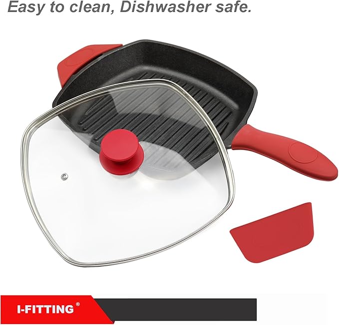 Square Glass Lid for Grill Pans with Steam Vent Hole - Fits Lodge Cast Iron Skillets 10.5inch/26.67cm Silicone Potholder- Square Tempered Glass Lid - Universal Replacement Cover Silicone Knob