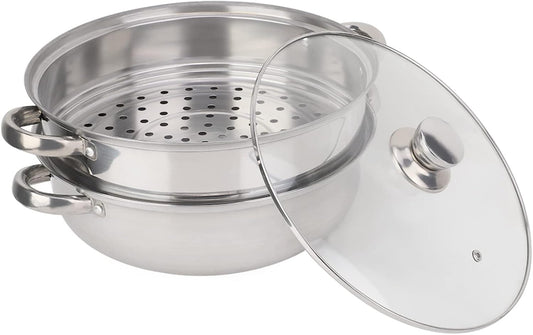 Double Vegetable Steamer Pot, 27cm/11in Stainless Steel Pot Kitchen Pots Steamer Basket Double Boiler Pot Double Broiler Pan Set for Vegetable, Dumpling, Stock, Sauce