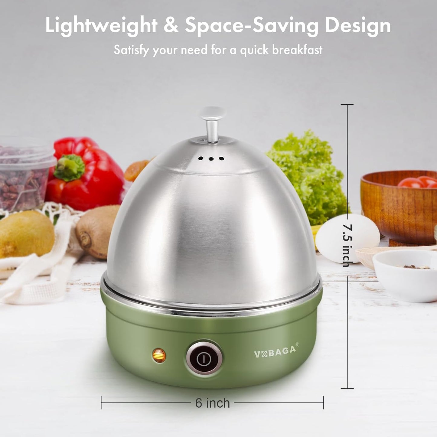 VOBAGA Electric Egg Cooker, Rapid Egg Boiler with Auto Shut Off for Soft, Medium, Hard Boiled, Poached, Steamed Eggs, Vegetables and Dumplings, Stainless Steel Tray with 7-Egg Capacity (Green)