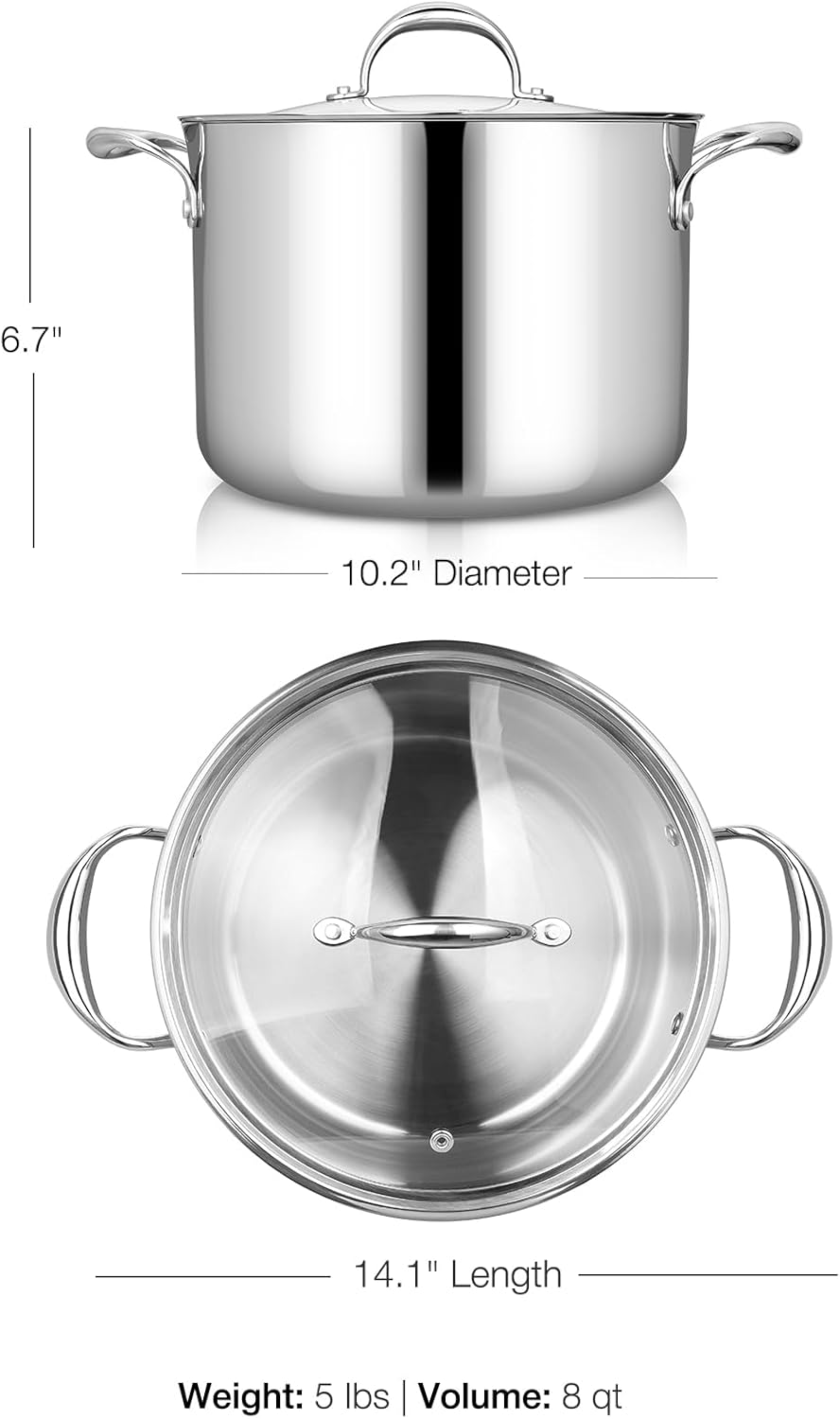 KEAWELL K3 Premium 8-Quart Tri-Ply Stainless Steel Stockpot with Lid, Induction & Oven Safe up to 600°F, Even Heating, Professional Cookware for All Stovetops (8-Qt)