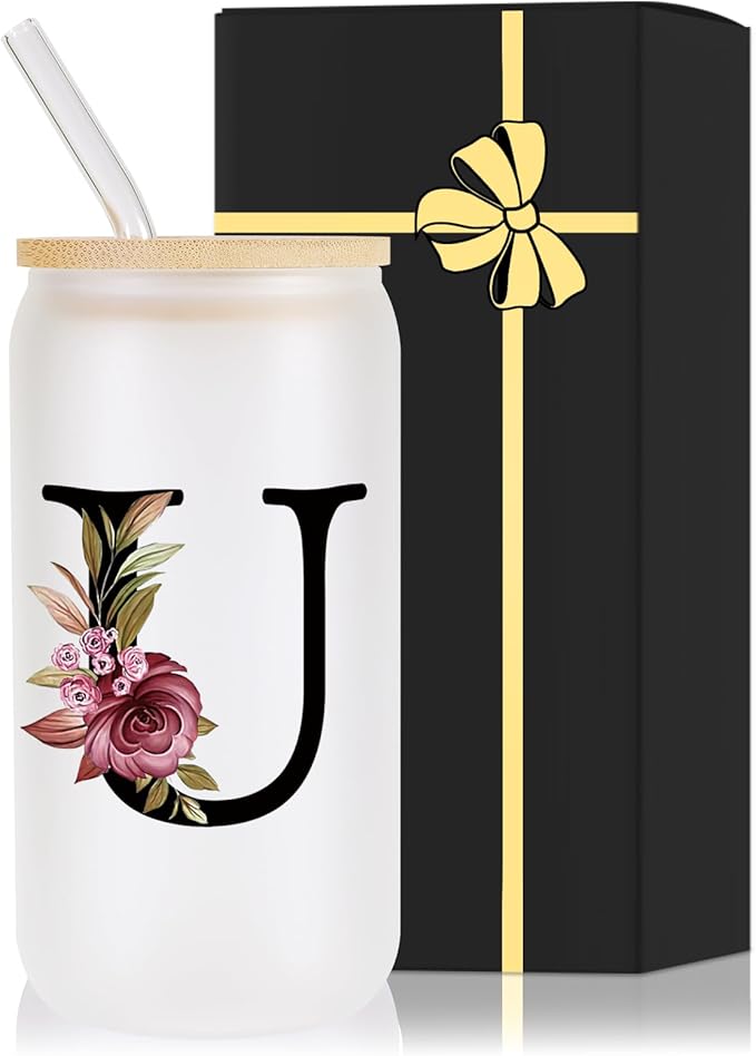 Monogrammed Glass Drinking Cup With Lid Straw Gift Auntie Titi Son Girlfriend Brother Work Police Wife Bachelorette College Students Cowgirl Soul Best Sister Ever Work Young Adult Tomboy Lesbian,U