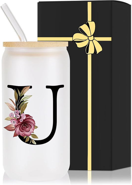 Monogrammed Glass Drinking Cup With Lid Straw Gift Auntie Titi Son Girlfriend Brother Work Police Wife Bachelorette College Students Cowgirl Soul Best Sister Ever Work Young Adult Tomboy Lesbian,U