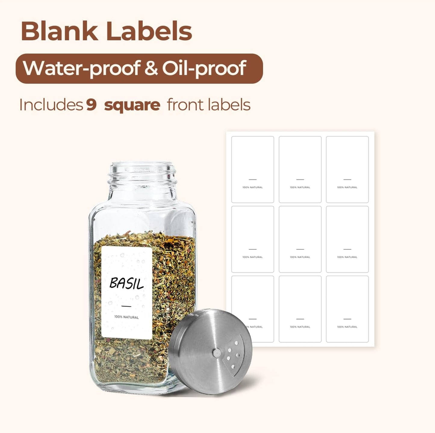 ComSaf 8oz 6PCS Spice Jars with Adjustable Shaker lids，21 Labels, Spice Jars Trial Set & Supplement Set, Empty Ingredient Containers and Square Ingredient Bottles for Kitchen and Seasoning