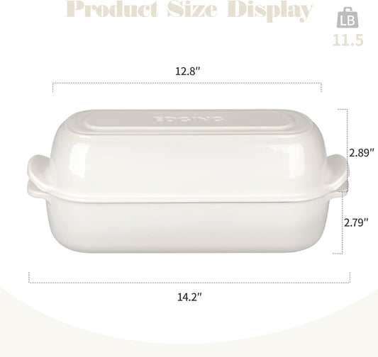Enameled Cast Iron Loaf Pan with Lid, Dutch Oven Bread pan for Homemade Sourdough Bread Baking, 12.5x5.5 inch, 5qt, White