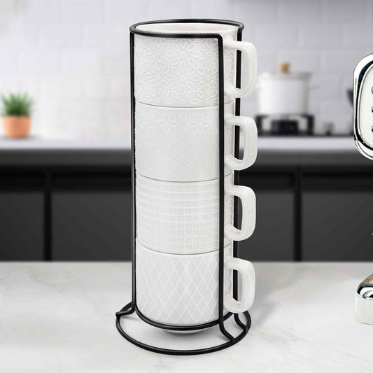 Stackable Coffee Mug Set of 4 with Stand, 10oz Ceramic Cups with Spoons – Ribbed Porcelain Mugs for Tea, Latte, Cappuccino – Microwave & Dishwasher Safe – Gift for Home & Office Use (White)