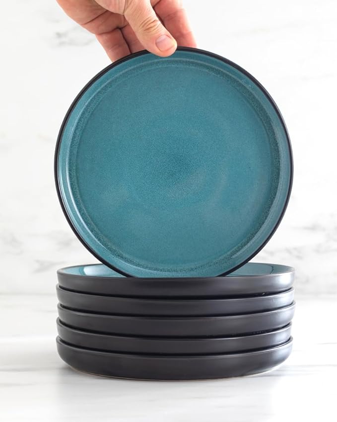 16 Piece Dinnerware Sets for 4 - Modern Style Stoneware Dinnerware Set - Scratch Resistant, Dishwasher Safe Plates and Bowls Sets Ceramic, Dish Set, Bowl and Plate Set - Black and Petrol Blue…