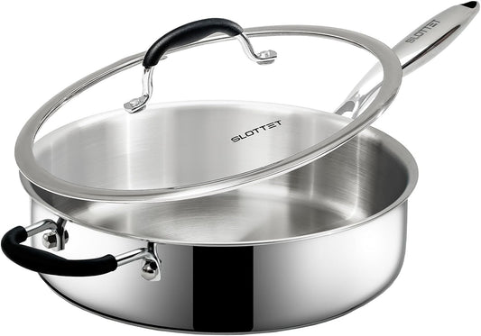 Tri-Ply Stainless Steel Saute Pan with Lid, 5 Quart Deep Sauté Pan with Stay Cool Handle,11.5 Inch Frying Pan,Dishwasher and Oven Safe,Induction Stainless Steel Cookware