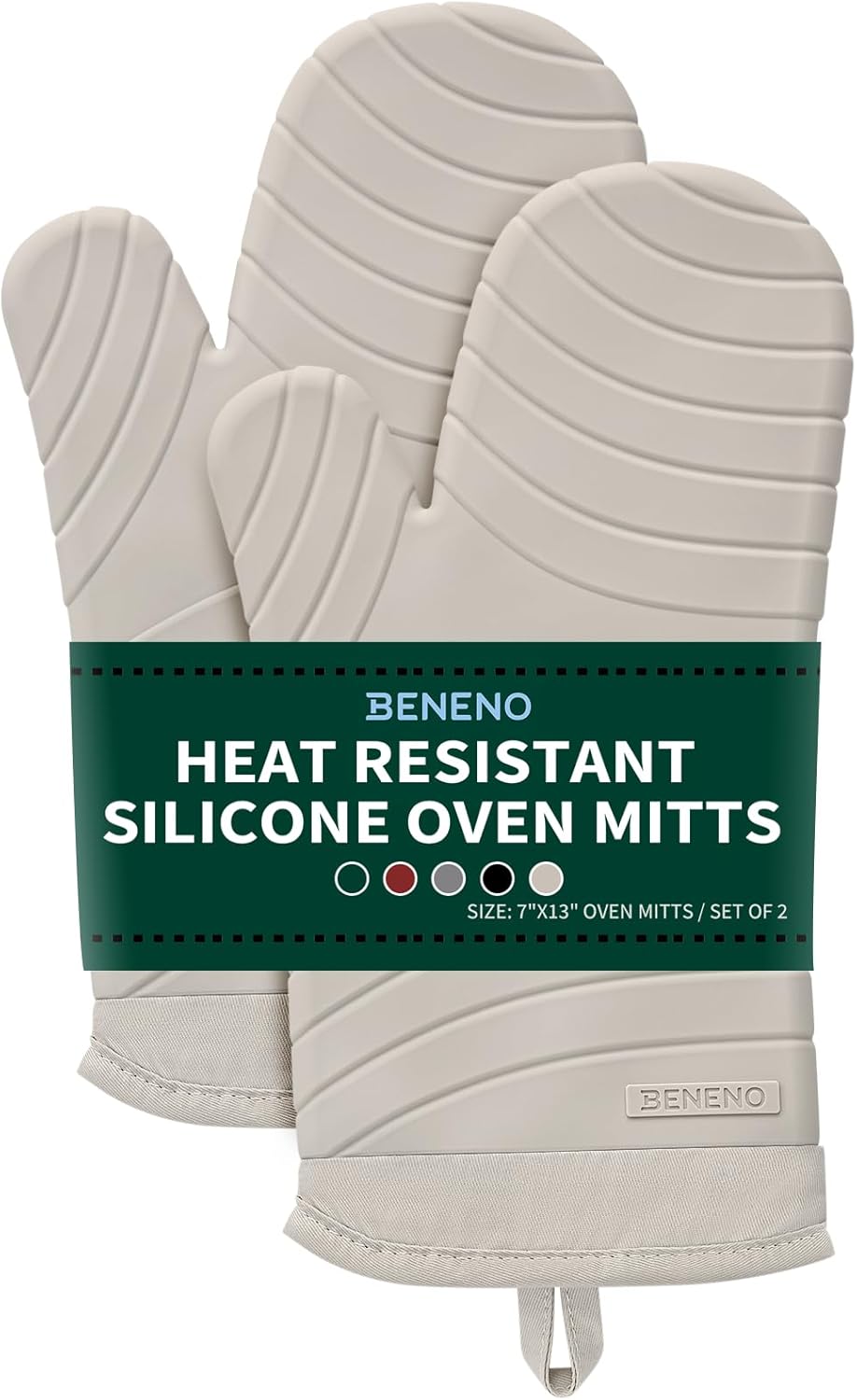 Beneno BPA-Free Silicone Oven Mitts, Heat Resistant Waterproof Oven Mitts with Non-Slip Textured Grip, Comfortable Quilted Lining, Kitchen Pot Holders for Cooking, Baking, Grilling, 7"x13", 2Pcs Beige